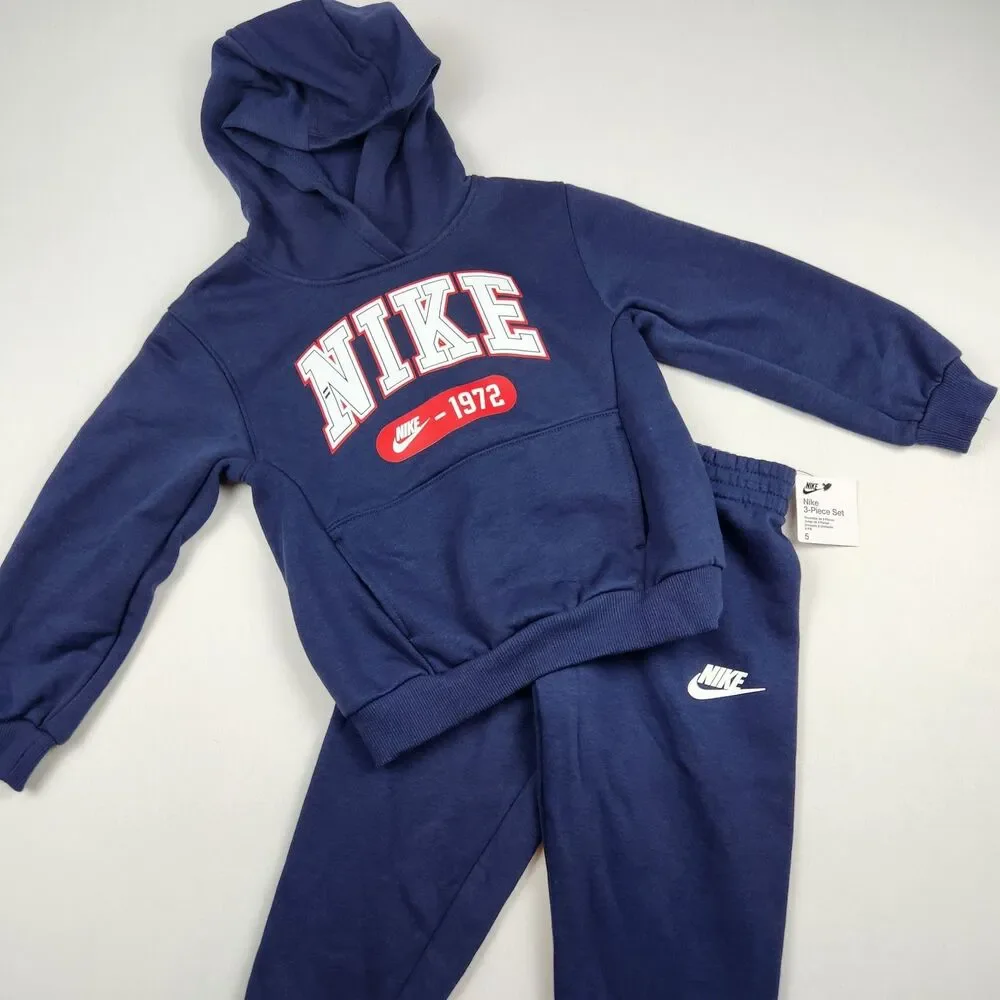 Nike 2-Piece Fleece Tracksuit Set Kid 4/5 Navy Blue Logo Retro NWT Hoodie Pocket